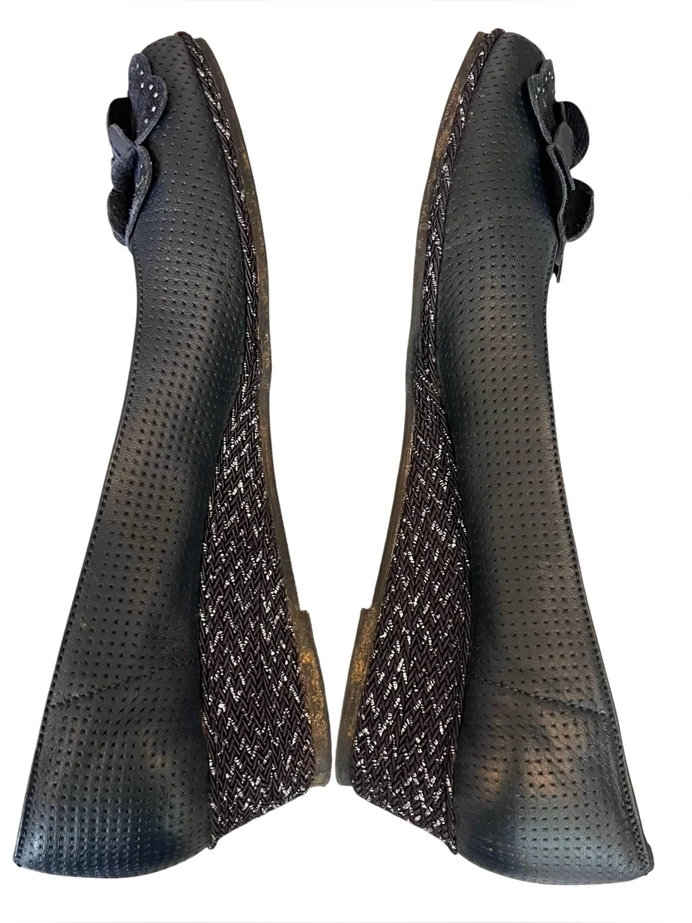Sesto Meucci Women’s Sz 9 Navy Leather Demi Wedge Heels Perforated Floral
